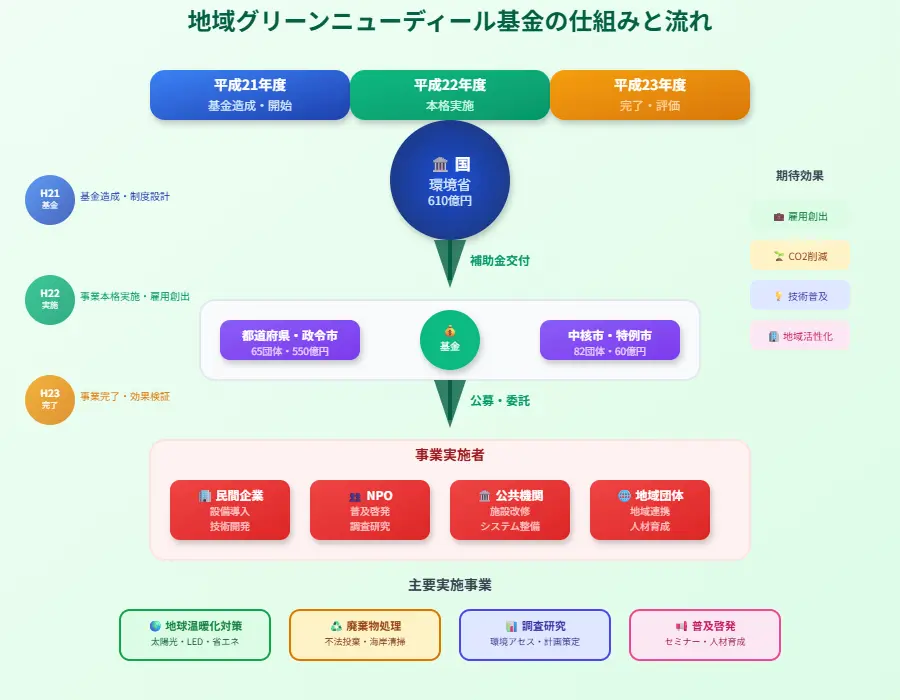 基金の仕組み(国→自治体→事業者)と3年間の流れ