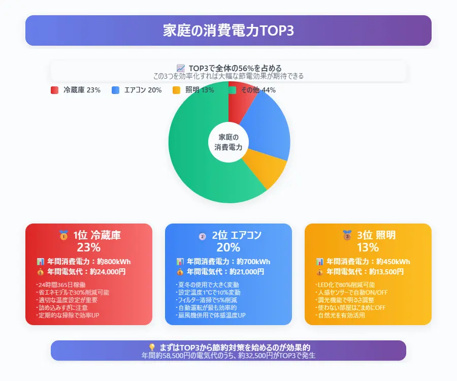 家庭の消費電力TOP3！まずはここから見直そう